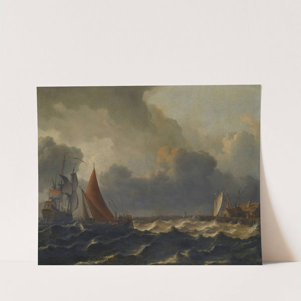 A Smalschip Closed Hauled In A Stiff Breeze With A Flagship Offshore To The Left And A Jetty To The Right by Aernout Smit