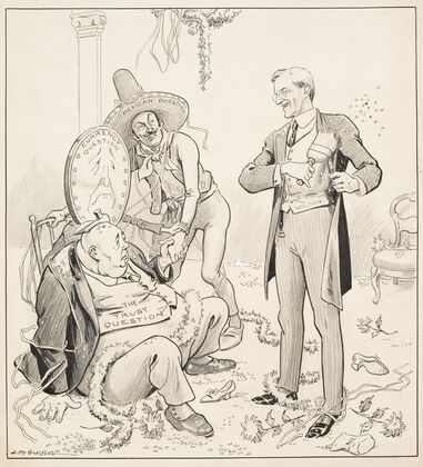 A smiling President Woodrow Wilson brushes himself off after a wedding party and addresses three tired figures (1913)
