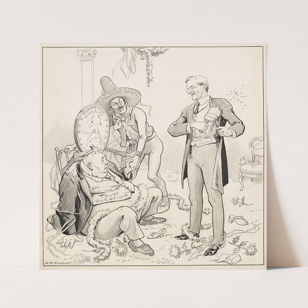 A smiling President Woodrow Wilson brushes himself off after a wedding party and addresses three tired figures (1913) by Louis Glackens