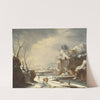 A snowy landscape with travellers by a river by Francesco Foschi
