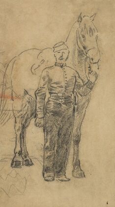 A soldier leading a horse