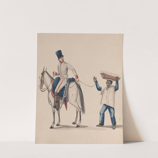 A soldier on horseback holding a rope that secures an enslaved indigenous man who is balancing a basket on his head by Francisco Fierro