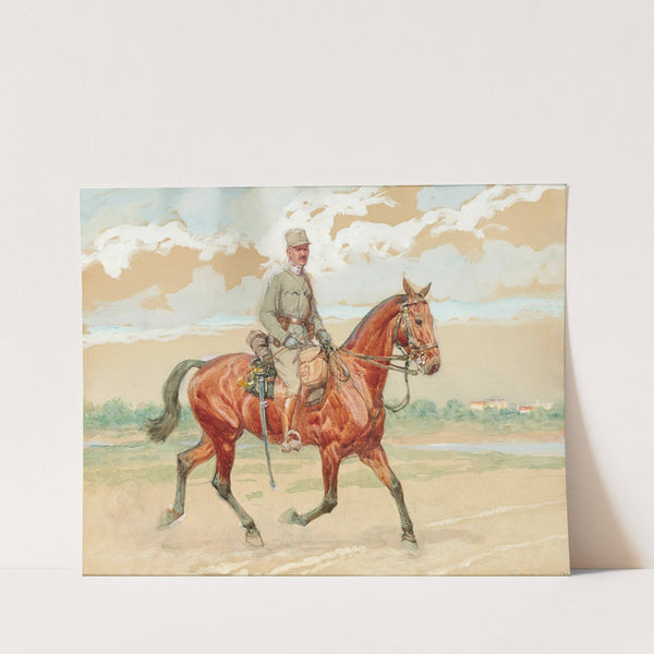 A soldier on horseback in a river landscape (1917) by Ludwig Koch