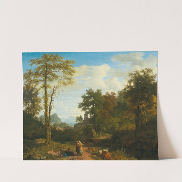 A southern landscape with travellers in front of a fortified town by Johannes Glauber