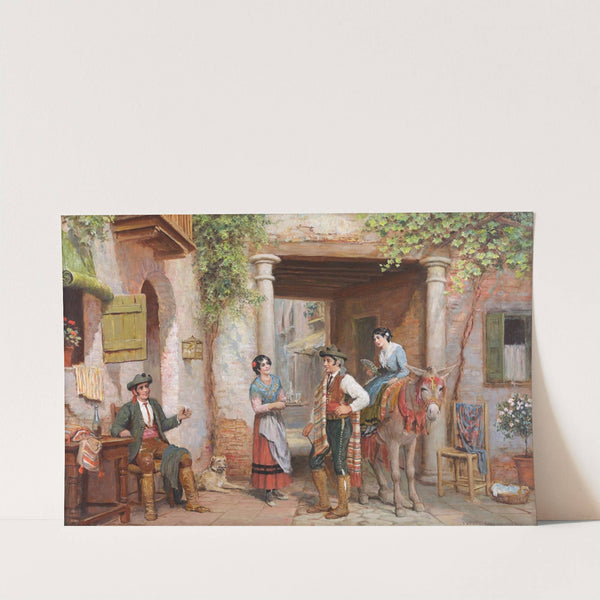 A Spanish Street Scene with Figures and a Donkey Outside a Taverna by Arthur Trevor Haddon