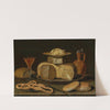 A stack of cheese on a pewter platter, with butter on a plate, a stoneware jug, bread, pretzels, wine in a façon-de-Venise glass and a knife, on a ledge by Clara Peeters