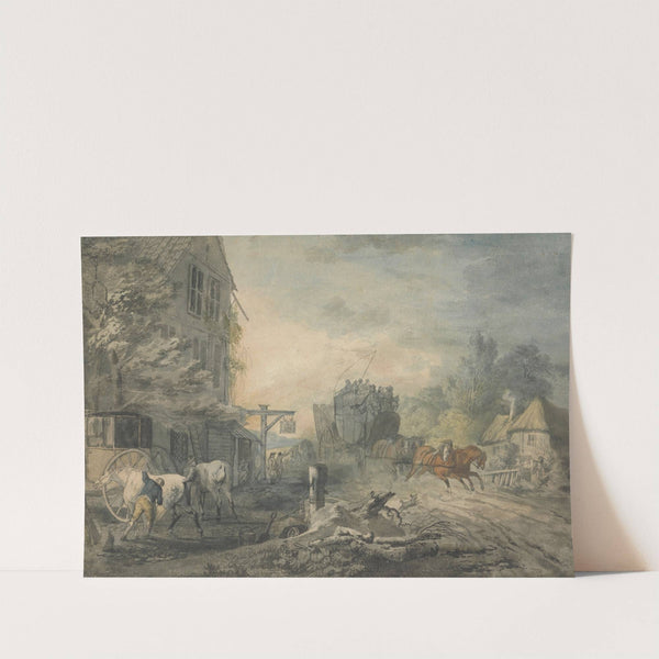 A Stagecoach and Four Dashing Through a Village on the Bath-London Road by Charles Robertson