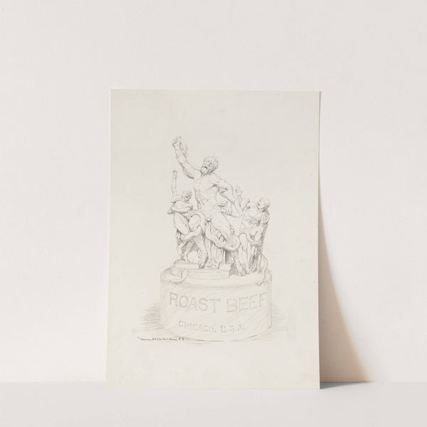 A statue of three men being attacked by snakes. The base of the statue reads ‘Roast Beef Chicago, U.S.A.’ (1899) by William Henry Walker