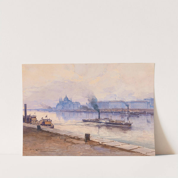 A steam boat on the river Danube, the parliament building of Budapest in the background by Fritz Lach