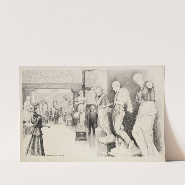 A stern woman and a clergyman look disapprovingly at nude statues in a museum which have been covered with clothes. (1897) by William Henry Walker