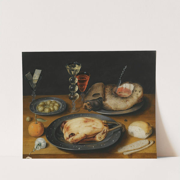 A Still Life Of A Roast Chicken, A Ham And Olives On Pewter Plates With A Bread Roll, An Orange, Wineglasses And A Rose On A Wooden Table by Osias Beert the Elder