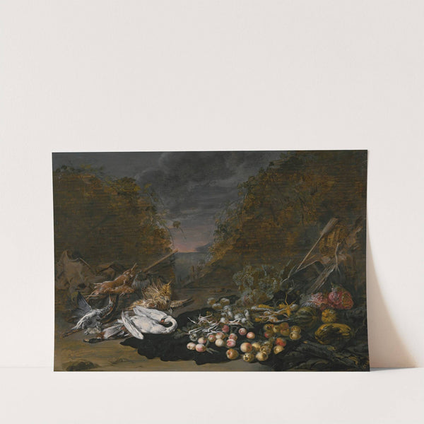 A still life of a swan and other birds, with rabbits, fruit and vegetables and a landscape beyond by Jan van Kessel the Younger