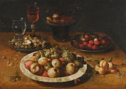 A Still Life Of Apples And Grapes In A Blue-And-White Porcelain Bowl,