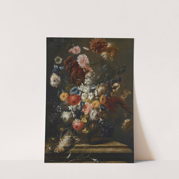 A Still Life Of Flowers In An Urn On A Marble Ledge With A Bird by Franz Werner von Tamm