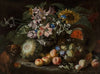 A still life of fruit and flowers in a footed gadrooned silver vase with a spaniel looking on (1685)