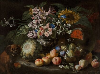 A still life of fruit and flowers in a footed gadrooned silver vase with a spaniel looking on (1685)