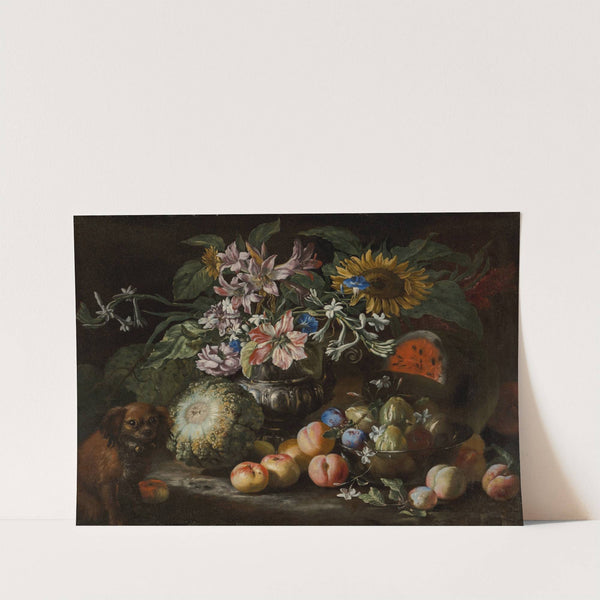 A still life of fruit and flowers in a footed gadrooned silver vase with a spaniel looking on (1685) by Abraham Brueghel