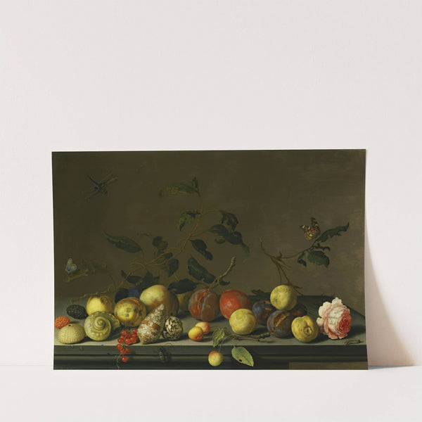 A Still Life Of Fruit And Shells With A Rose And Various Insects Upon A Stone Ledge by Balthasar van der Ast