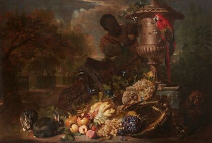 A Still Life of Fruit on a Silver Dish with Figure, Rabbits, Parrot, and Monkey Beneath a Broken Capital and an Ornamental Urn