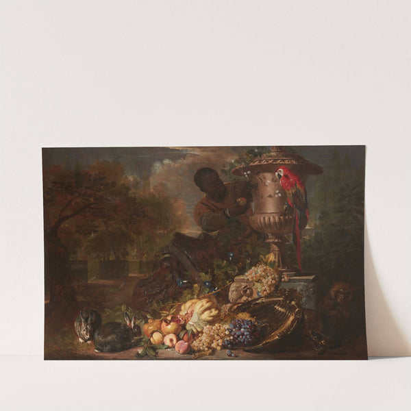 A Still Life of Fruit on a Silver Dish with Figure, Rabbits, Parrot, and Monkey Beneath a Broken Capital and an Ornamental Urn by David de Coninck