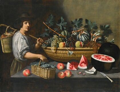 A Still Life Of Grapes, Melons And Pomegranates On A Stone Ledge With A Figure Carrying A Basket On The Left — size preview