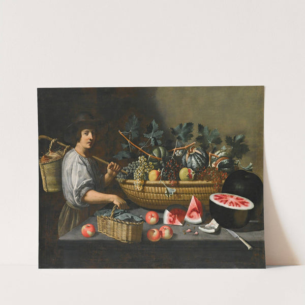 A Still Life Of Grapes, Melons And Pomegranates On A Stone Ledge With A Figure Carrying A Basket On The Left by Pseudo Pietro Paolo Bonzi