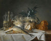 A Still Life Of Mackerel, Glassware, A Loaf Of Bread And Lemons On A Table With A White Cloth