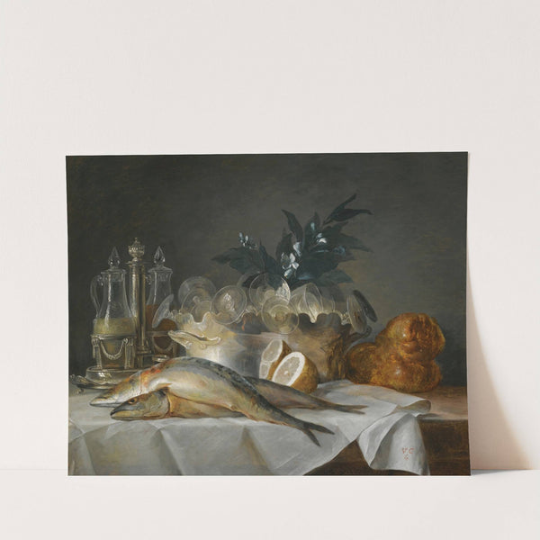 A Still Life Of Mackerel, Glassware, A Loaf Of Bread And Lemons On A Table With A White Cloth (1787) by Anne Vallayer-Coster
