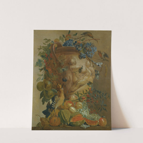 A Still Life Of Melons, Grapes, Peaches And Other Fruits In A Stone Urn With Birds by Jacobus Vonck