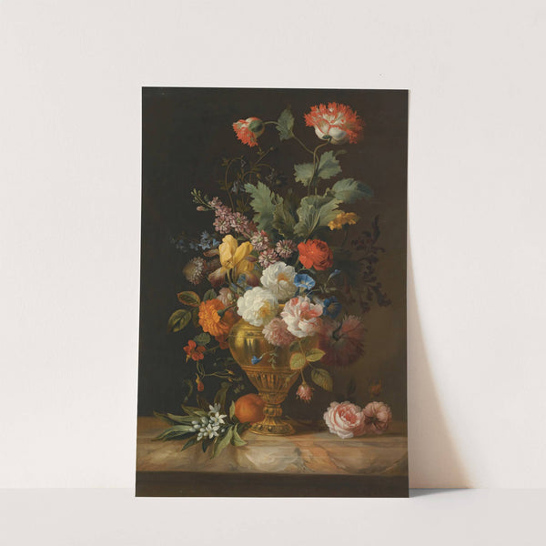 A Still Life Of Roses And Other Flowers In A Metal Vase On A Marble Ledge by Jakob Bogdány