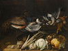 A Still Life Of Song Birds, A Peacock And Rabbits On A Ledge With A Pumpkin, A Cabbage, A Cauliflower, Celery, Mushrooms And Grapes