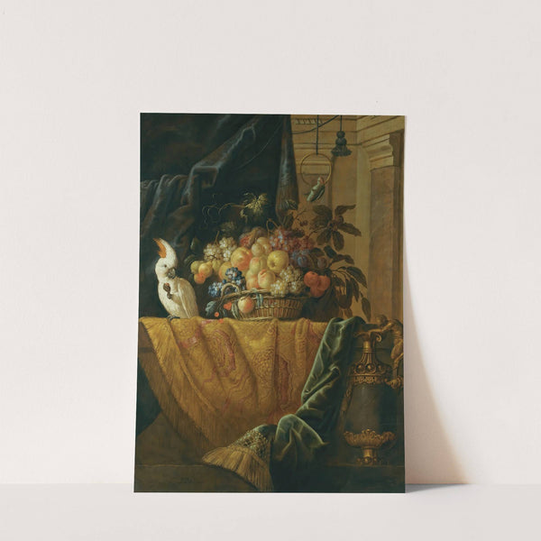 A Still Life With A Basket Of Fruit And A Parakeet Upon A Ledge Draped With A Damask Beside An Ormolu Mounted Porphyry Vase by Jan Pauwel Gillemans the Younger