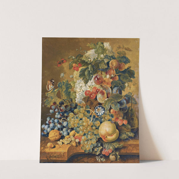 A Still Life With A Basket Of Fruit, Nuts And Flowers On A Stone Ledge by Jacobus Linthorst