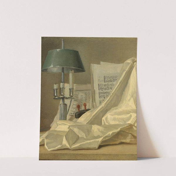 A Still Life With A Bouillette Lamp, A Sheet Of Music, A Violin Or A Cittern, And A White Satin Cloth On A Stone Ledge by Henri-Horace Roland Delaporte