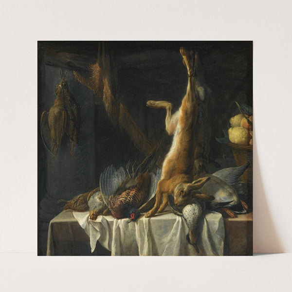 A Still Life With A Dead Hare, A Duck, A Pheasant And Poultry On A Table Draped With A White Cloth, Together With A Basket With Fruit by Pieter van Boucle