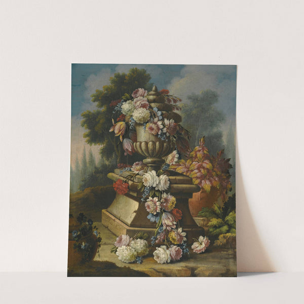 A Still Life With A Garland Of Roses, Tulips, Carnations And Other Flowers, Draped Around A Stone Urn In A Landscape by Giacomo Nani