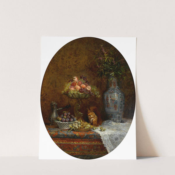 A still life with a hot chocolate pot, a basket of plums, a compote holding grapes and peaches, a plate of nuts, a squirrel and a Chinese vase by Louise Mercier