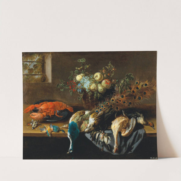 A still life with a peacock, fruit, a lobster and bird by Adriaen van Utrecht
