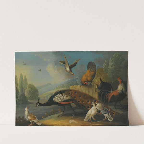 A still life with a peacock, pigeons and chickens in a river landscape by Marmaduke Cradock