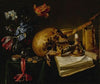 A still life with a skull, a music book, a snuffed-out candle, a bouquet of dying flowers and other vanitas objects on a table