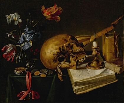 A still life with a skull, a music book, a snuffed-out candle, a bouquet of dying flowers and other vanitas objects on a table