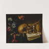 A still life with a skull, a music book, a snuffed-out candle, a bouquet of dying flowers and other vanitas objects on a table by Simon Renard de Saint-André