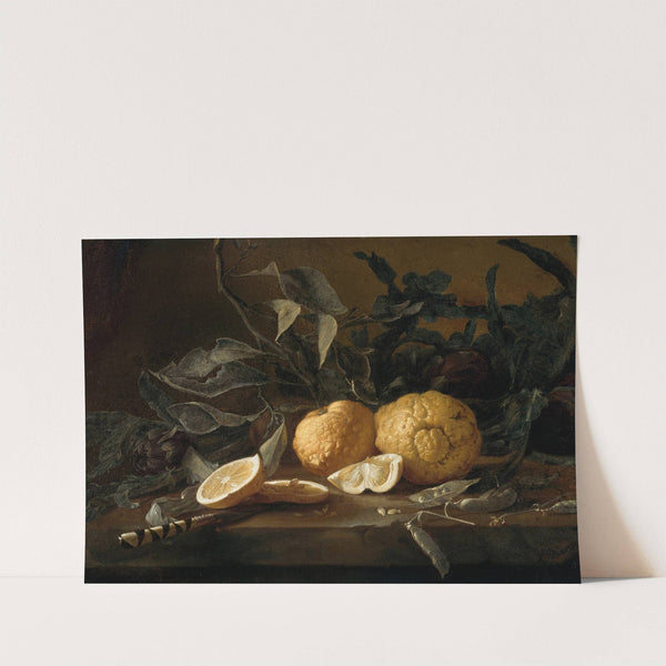 A Still Life with Citrons, a Knife and Peapods on a Stone Ledge by Juan Fernández