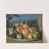 A Still Life With Figs, Peaches, A Pear And Black Grapes On A White Dish, An Extensive Landscape Beyond by Spanish School
