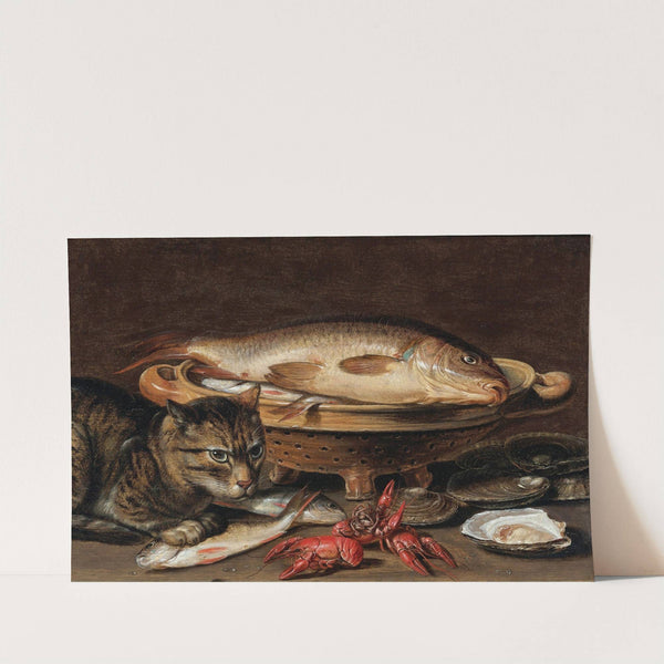 A Still Life With Fish In A Ceramic Collander, Oysters, Langoustines, Mackerel And A Cat On The Ledge Beneath by Clara Peeters
