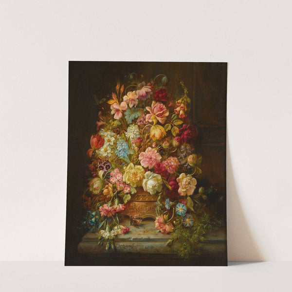A still life with flowers in a jardiniere resting on a ledge by Hans Zatzka