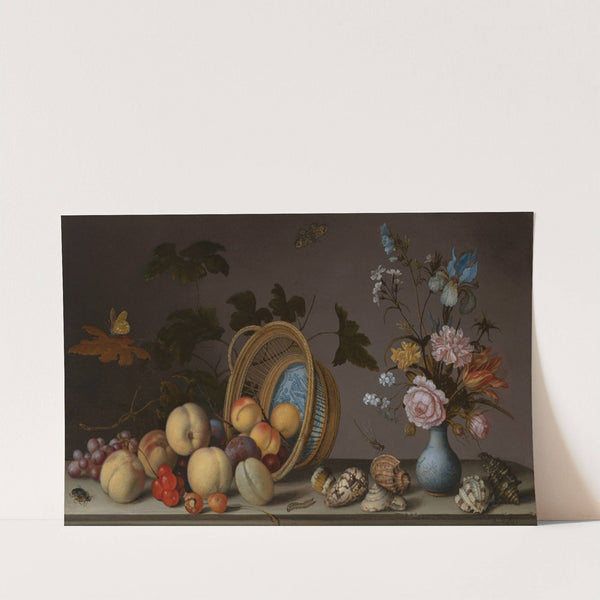 A still life with flowers in a porcelain vase, seashells and an overturned basket of fruit by Balthasar van der Ast