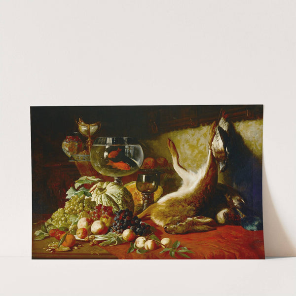 A still life with fruit, goldfish and dead hare (1871) by Lucas Victor Schaefels
