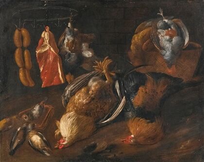 A Still Life With Game And Meats Hanging On A Rail With Other Birds In A Basket And On The Ground