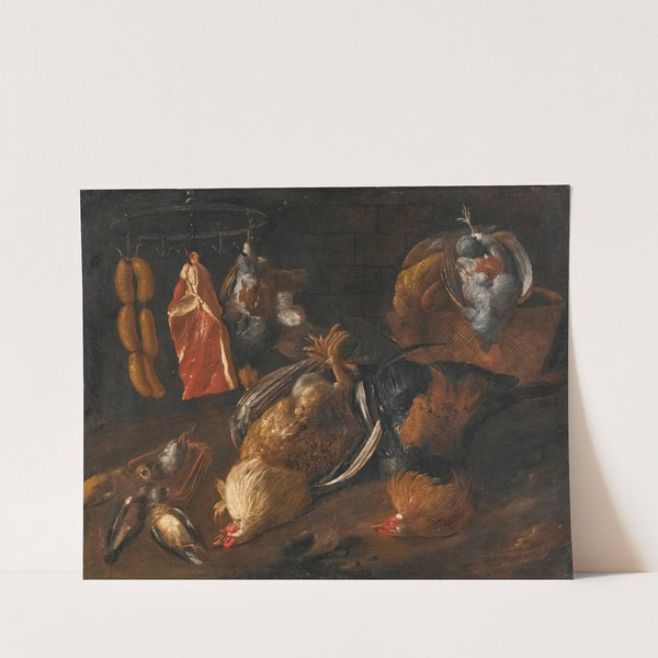 A Still Life With Game And Meats Hanging On A Rail With Other Birds In A Basket And On The Ground by Tuscan School